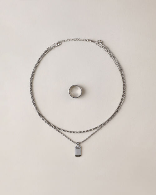 Set Collar Eslabones Y Anillo Plateado